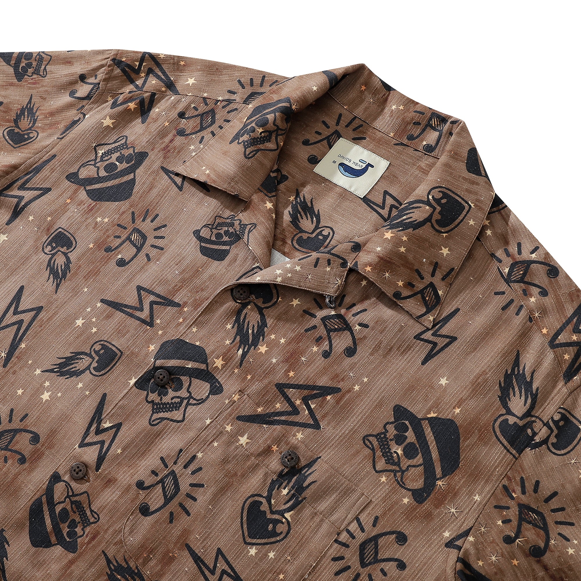 Skull Music Brown Luxurious 100% Silk Shirt Timeless With Camp Collar