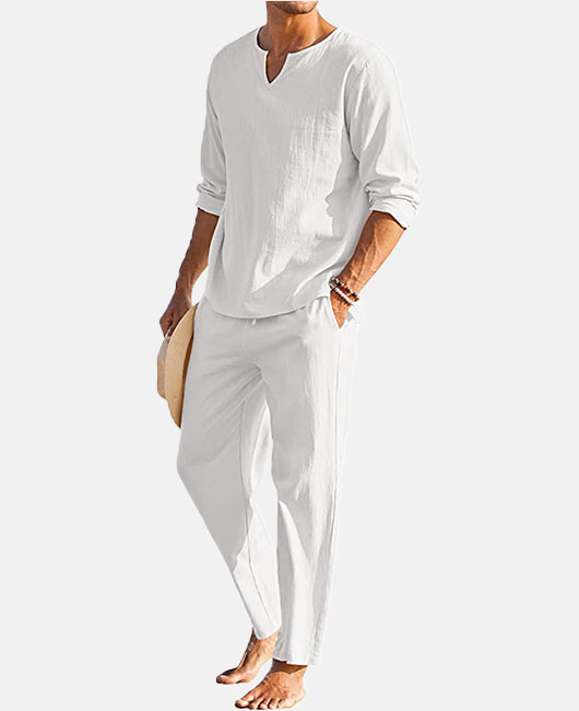 Minimalist Plain Notch Collar Long Sleeve Shirt & Drawstring Lounge Pants 2Pcs Set